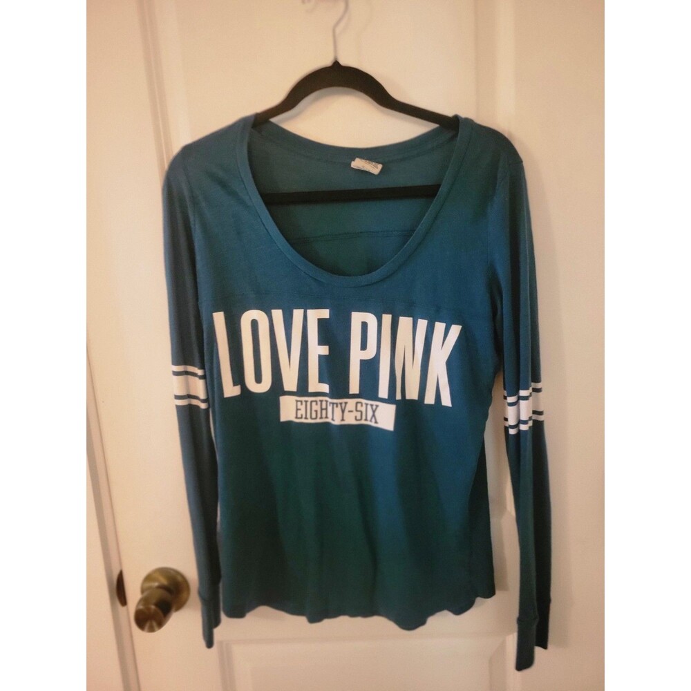 Green Victoria's Secret PINK Shirt W Striped Sleeves Sz Large